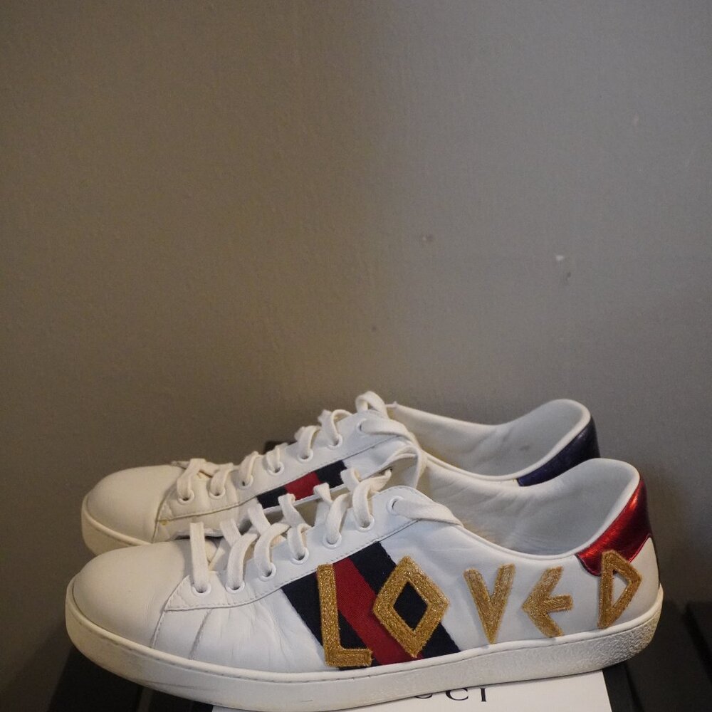 Size 10 Gucci Ace “LOVED” Web Stripe Leather Sneakers (White/Gold) – Used - Picture 3 of 6
